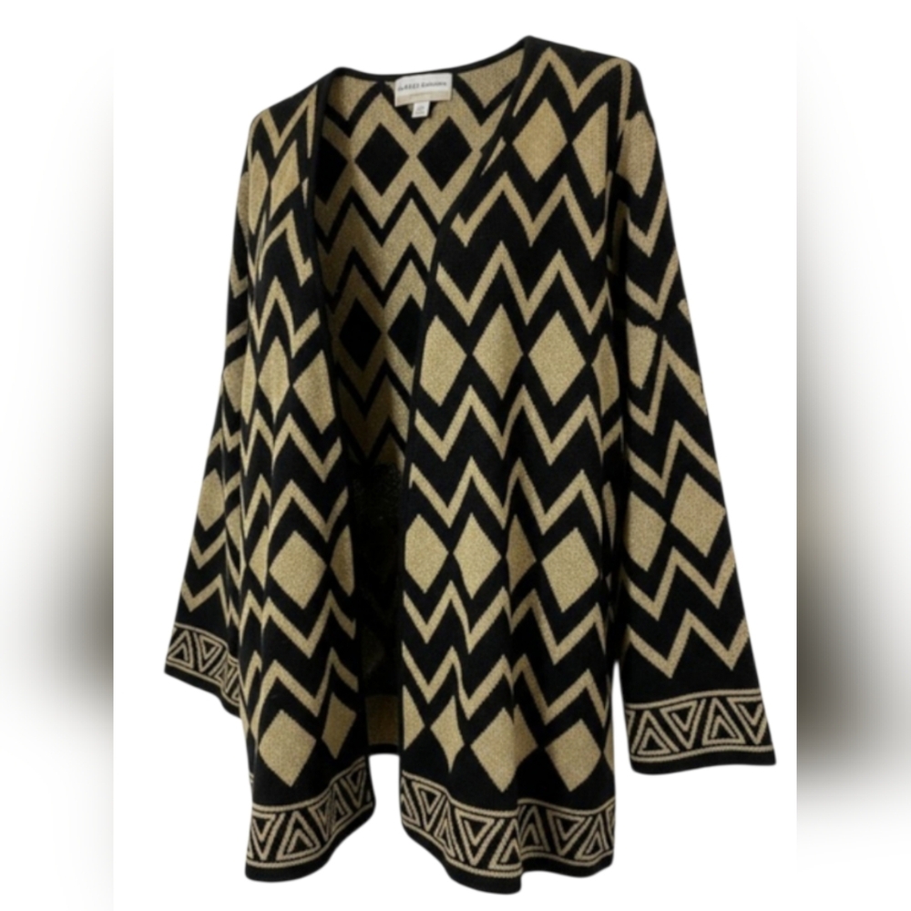 Alfred Dunner Open Front Cardigan Sweater Womens 1X Black Gold Southwestern Top